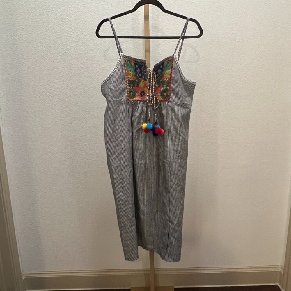 Velzera BOHO Dress Black & White Striped w/ Multicolored Embroidery